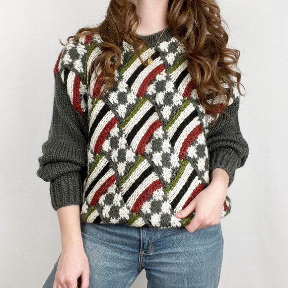 Vintage Chunky Knit Woven Plaid Argyle Striped Oversized Sweater Slouchy Cozy XL - Picture 1 of 8